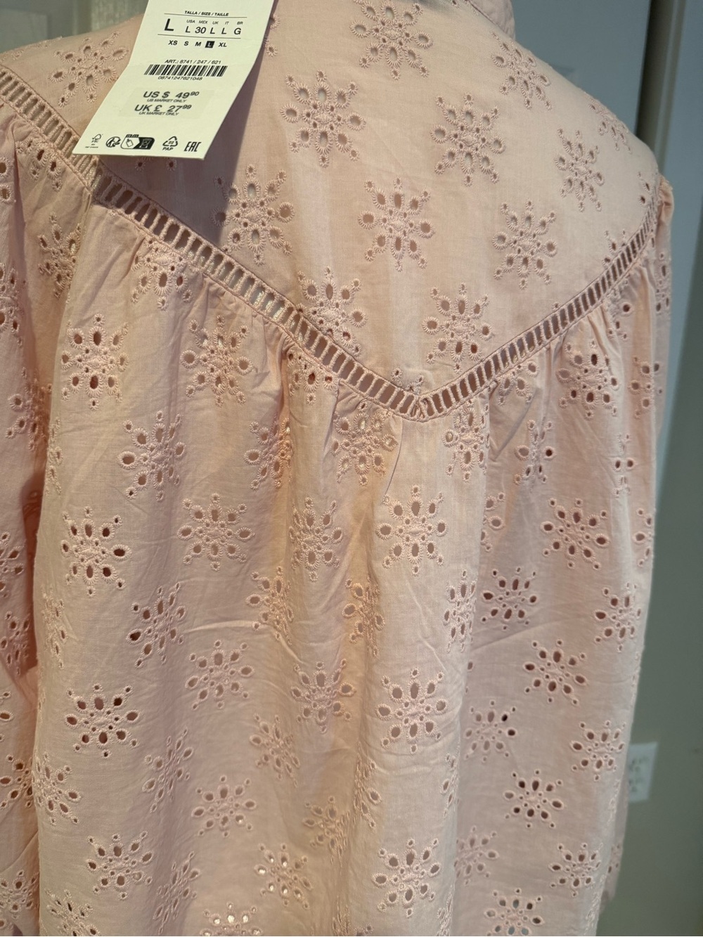 Zara, NWT Soft Pink Eyelet Embroidered Blouse Romantic Cottagecore, Size Large - Picture 9 of 13